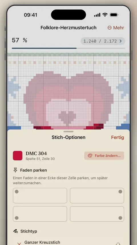 Eine Kreuzstichvorlage in Tondo mit Stichoptionen für eine Garnfarbe.