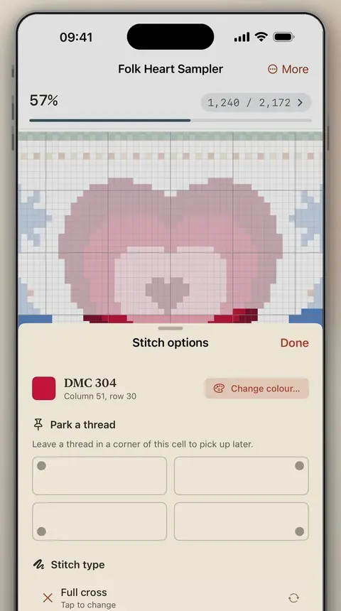 A cross-stitch chart open in Tondo, with stitch options for one thread colour.