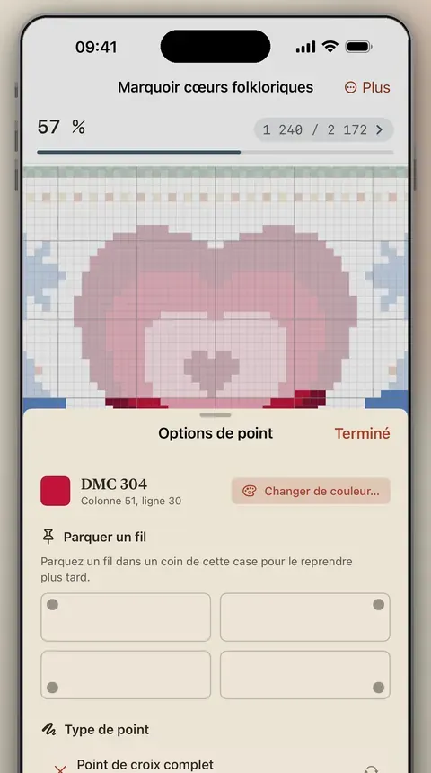 Une grille de point de croix ouverte dans Tondo, avec les options de points pour une couleur de fil.