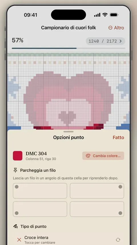 Uno schema a punto croce aperto in Tondo, con le opzioni dei punti per un colore di filato.