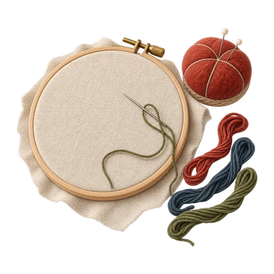 Linen in a wooden hoop with a green thread, a red pincushion and skeins of floss.