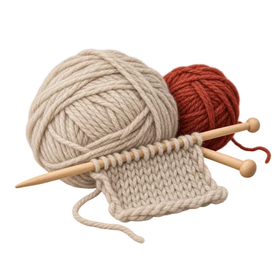 A ball of oatmeal wool on beech knitting needles, with a few rows just cast on.