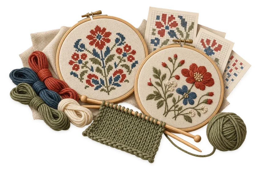 Cross stitch in two hoops, skeins of floss, a knitted swatch and a ball of yarn, grouped together.