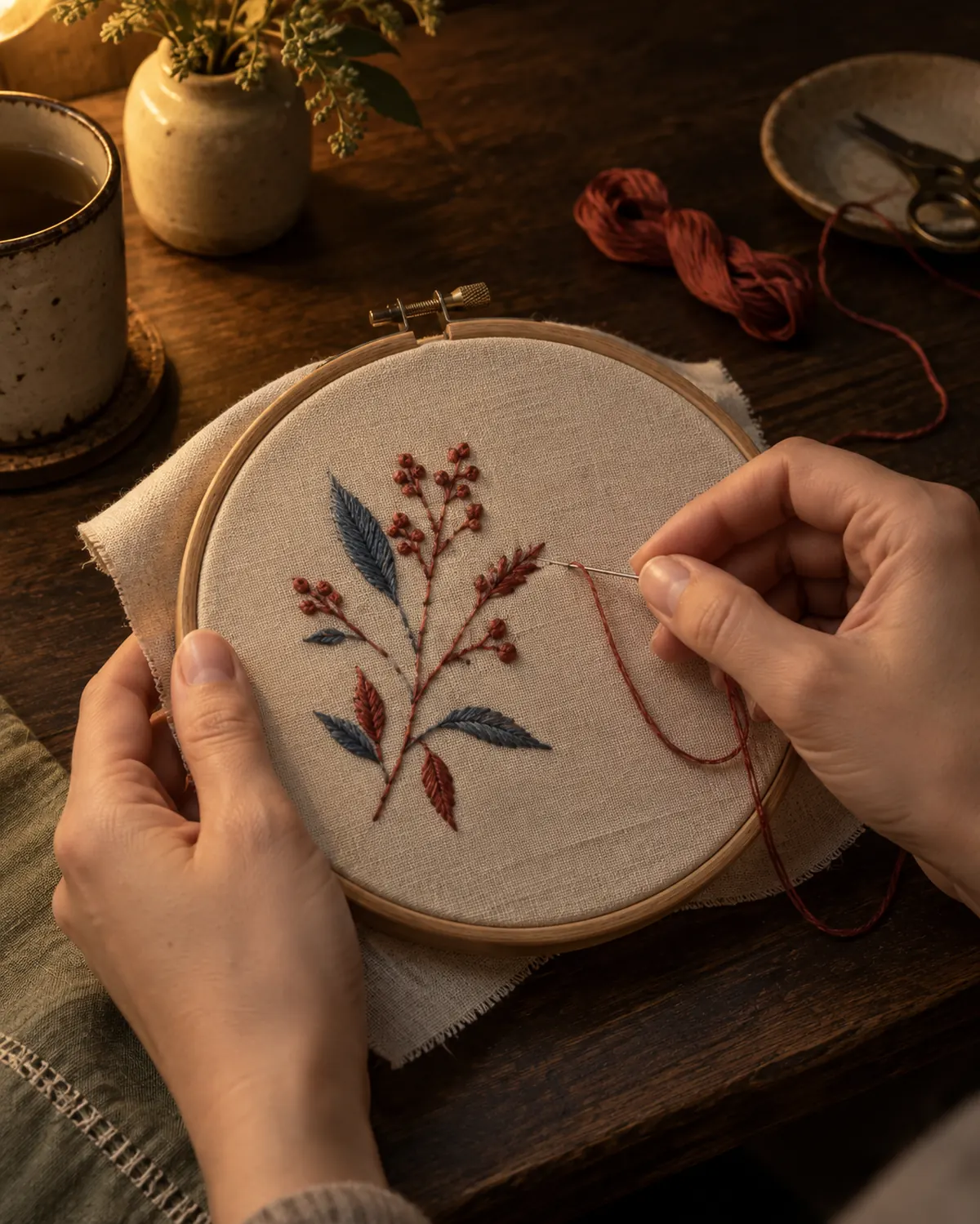 Hands working an embroidery hoop by lamplight.