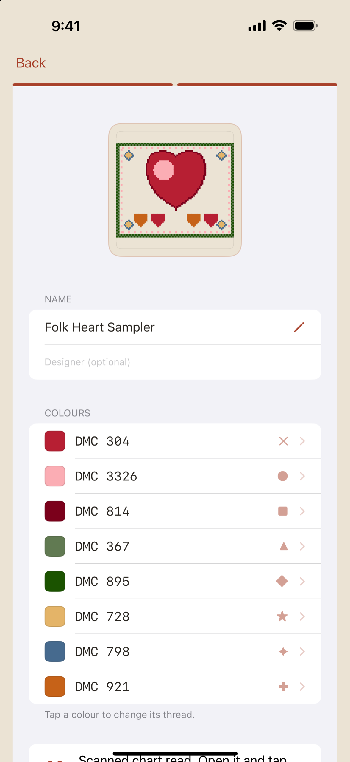 Tondo's chart check after a PDF import: the pattern preview and every thread colour it read.