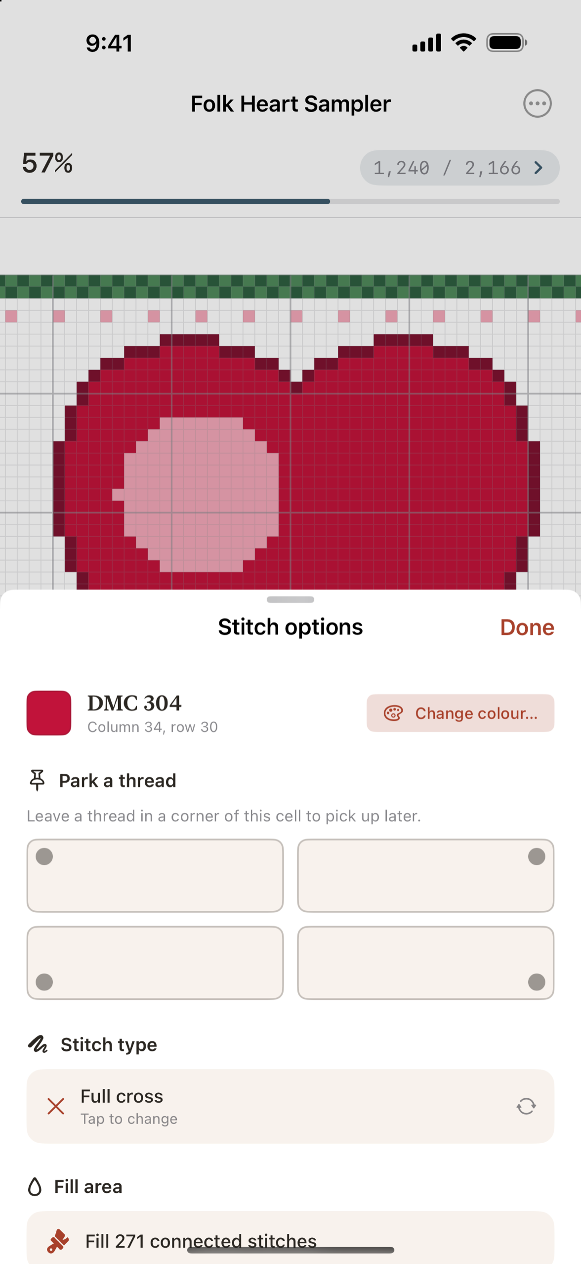 The stitch options menu over a chart: park a thread in a corner, change the stitch type, fill an area or fix the chart itself.