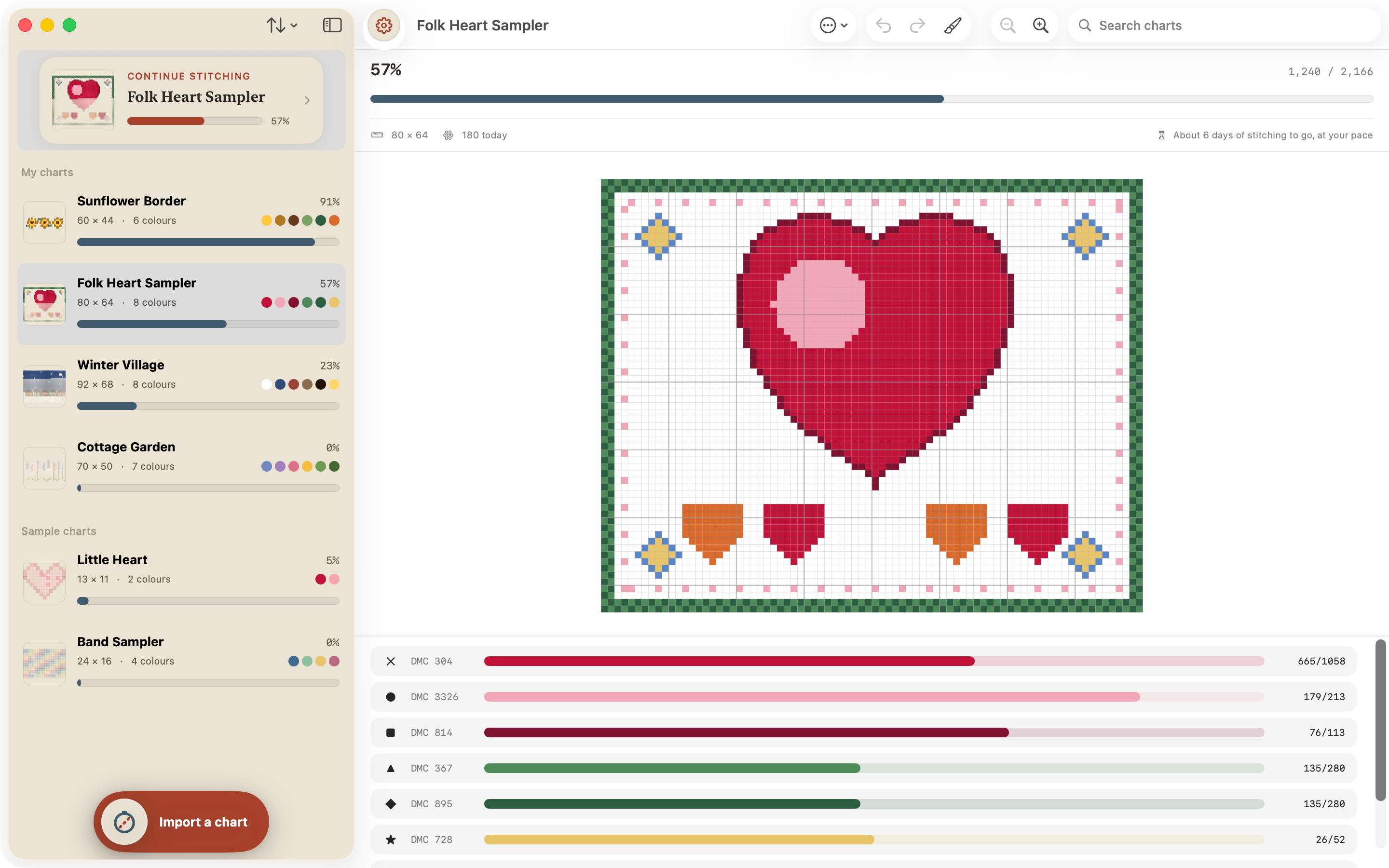 Tondo on the Mac: the project library in a sidebar beside the Folk Heart Sampler chart, in one window.